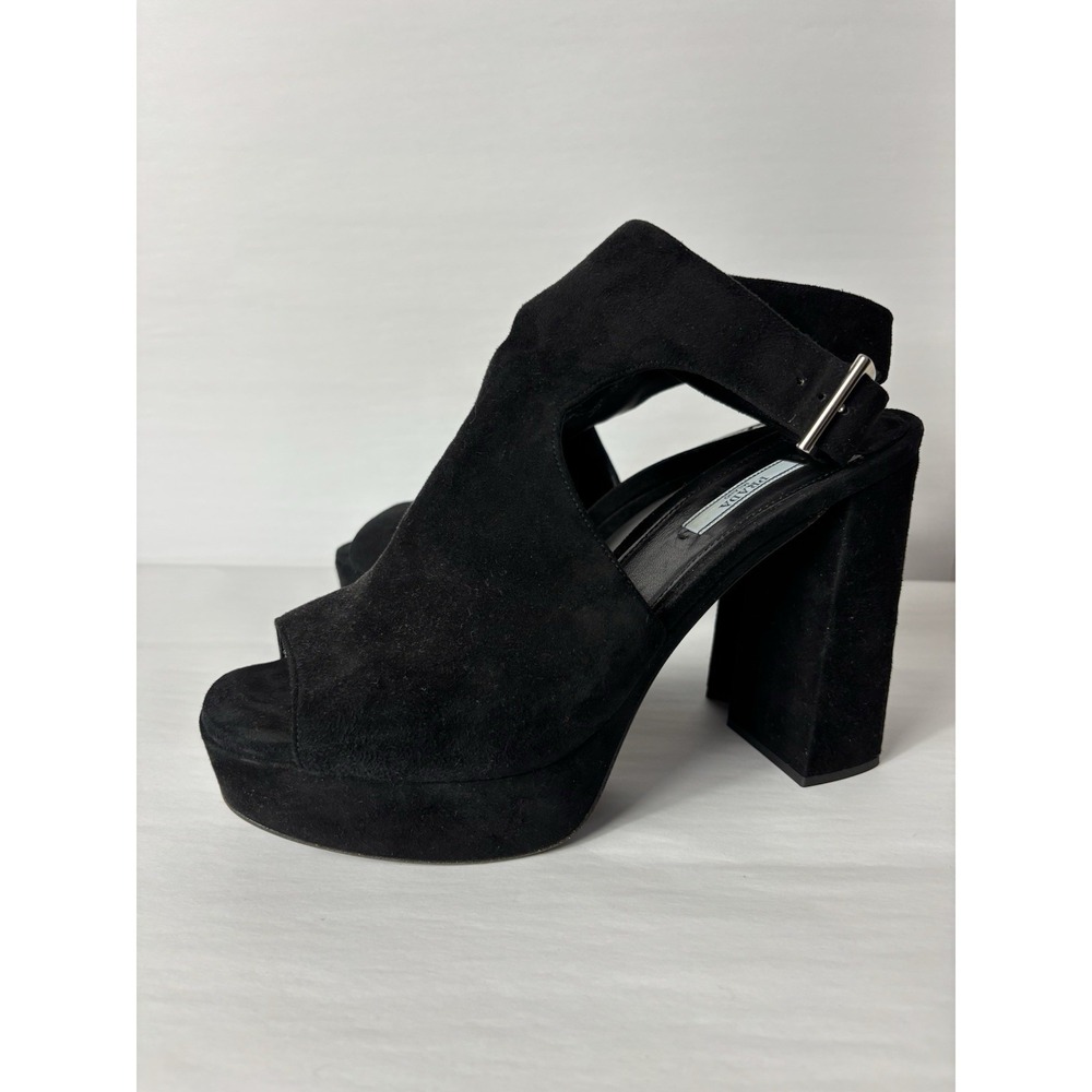 Prada Black Suede Platform Block Heel Sandals Peep Toe Ankle Strap Retro Look 42